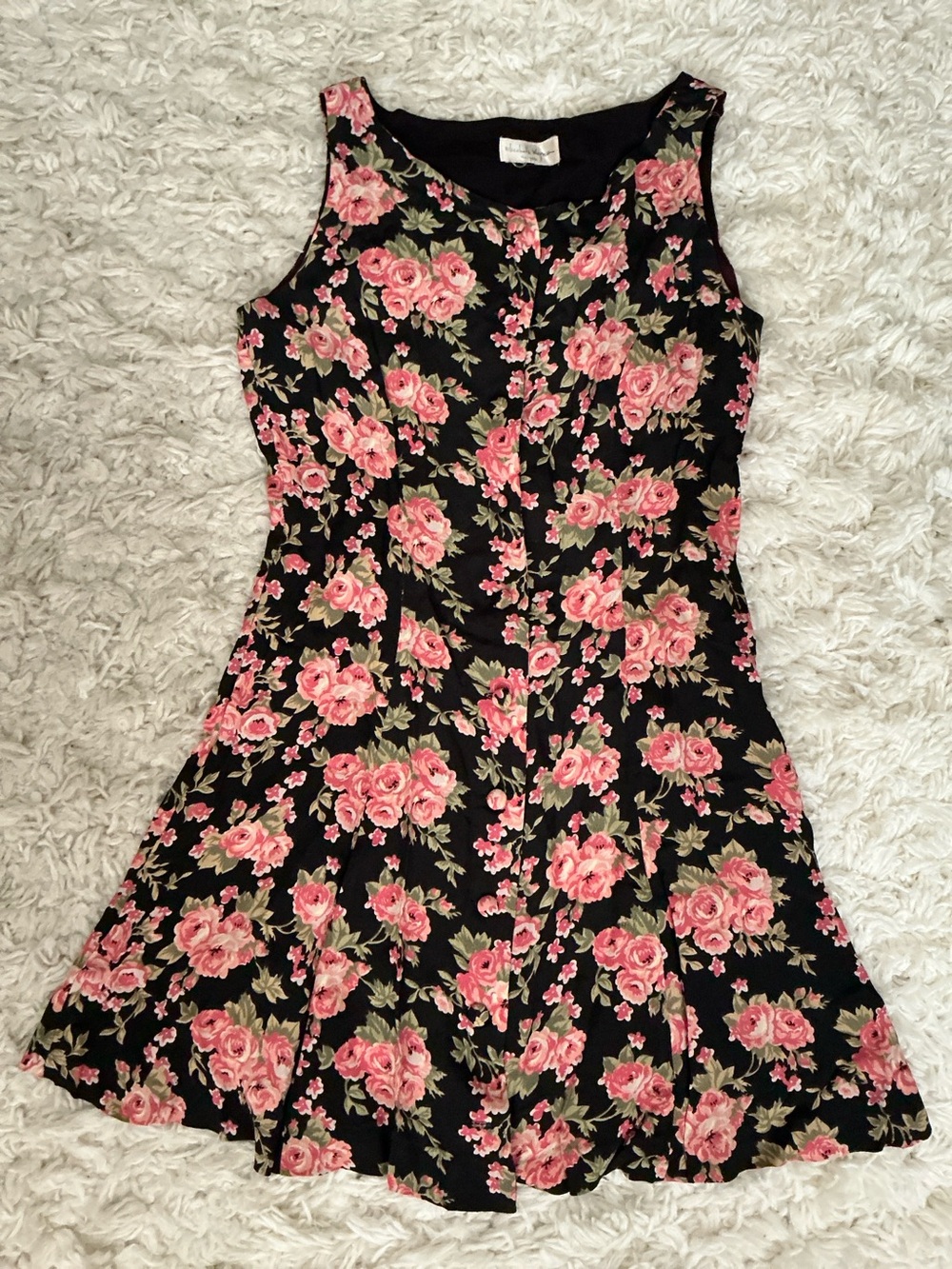 VINTAGE 90s Black Floral Mini Dress - Picture 1 of 5